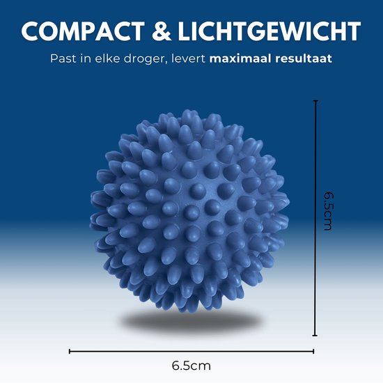 Boule de séchage bleue et hérissée mesurant 6,5 cm de large et 6,5 cm de haut.