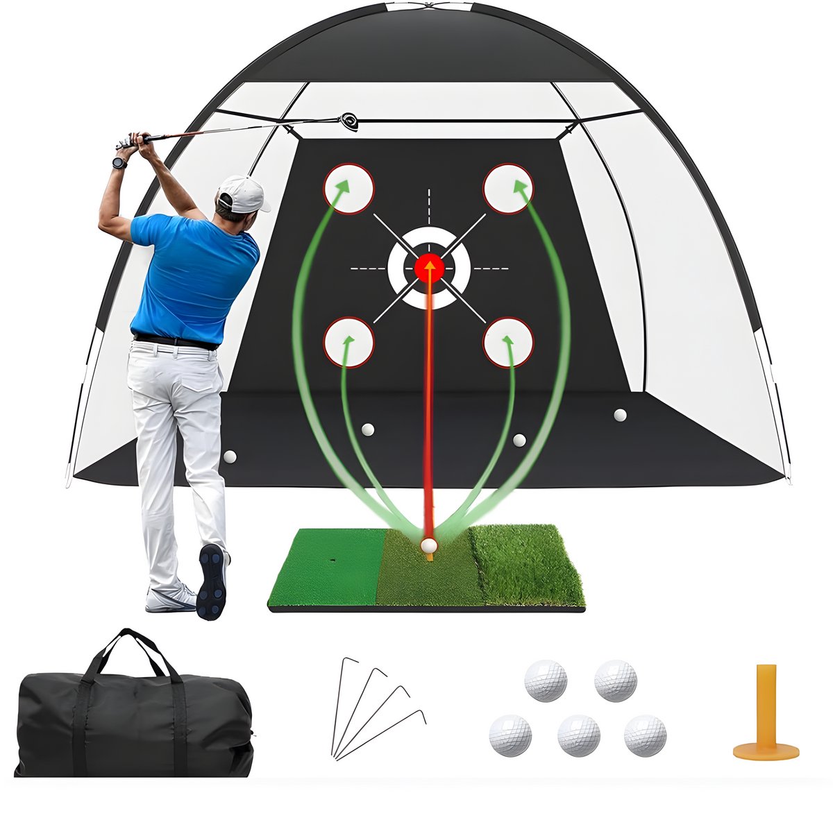 Stripe golfnet multi target, oefennet met golfmat, 5 ballen, draagtas