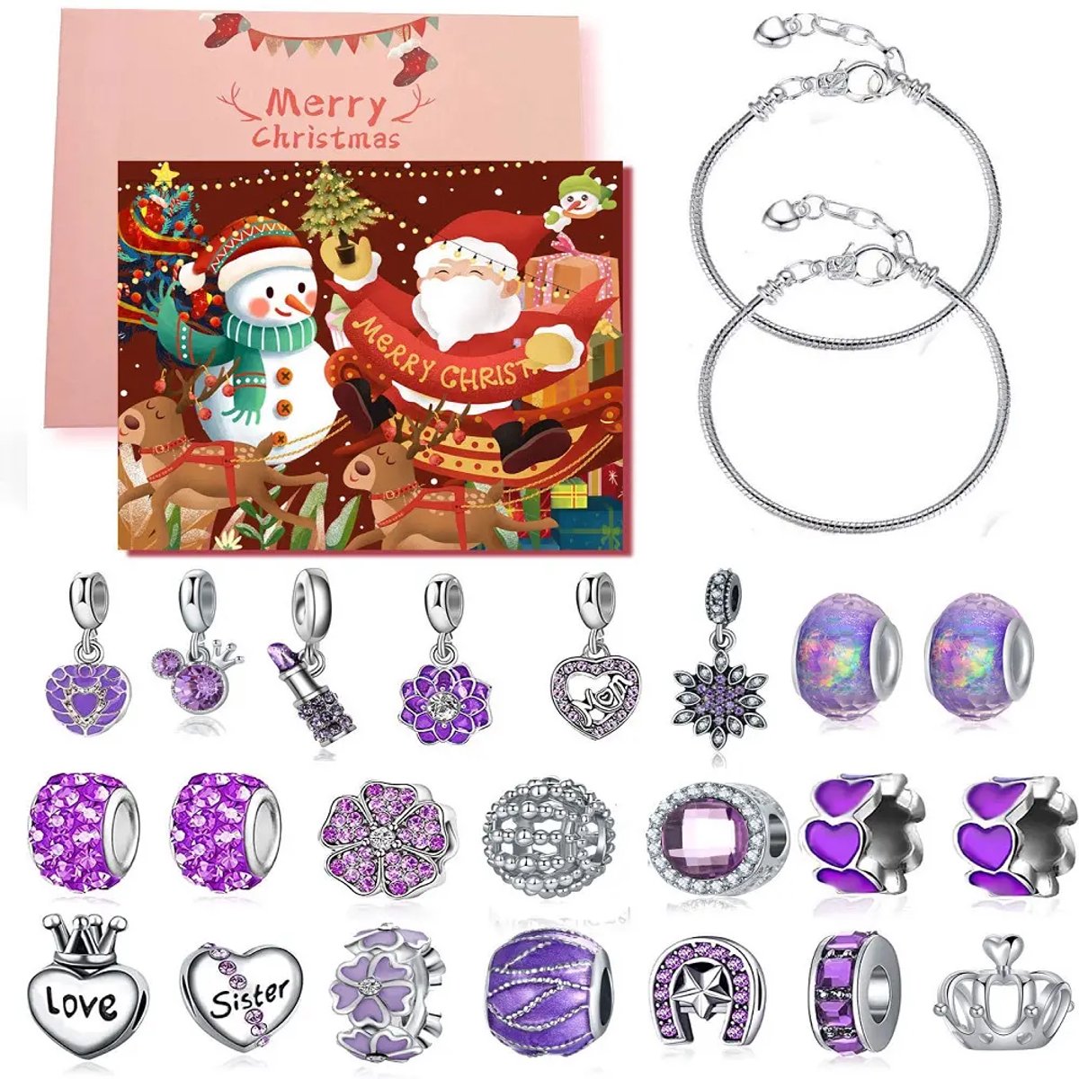 Adventskalender 2026 - Sieraden – 24 Dagen Verrassing – Armband & Charms – Paars