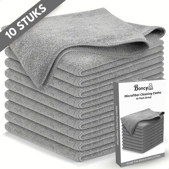 Boncy® Premium Microvezeldoekjes - 10-pack Grijs - Ideaal voor Schoonmaak Stof Auto Beeldscherm Bril - Schoonmaakdoekjes Poetsdoeken Microvezel - Microvezeldoek Vaatdoekjes Huishouddoekjes Zwart - Poetsdoek Doekjes
