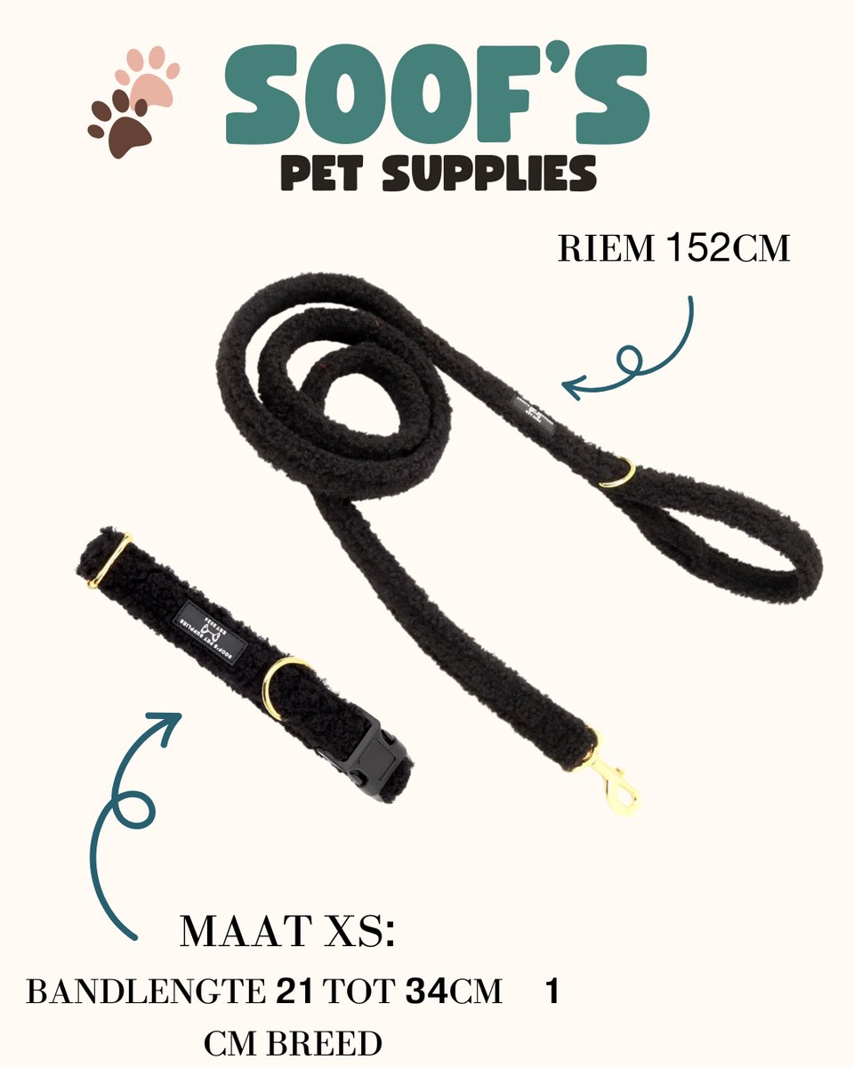 Complete set Halsband en Riem - Puppy set - Volledige hondenset - Soof's Pet Supplies - Maat XS Teddy Zwart - Nekomvang: 21 t/m 34 cm Hondenhalsband en lijn - Halsband en riem voor grote honden - Hondenbenodigdheden