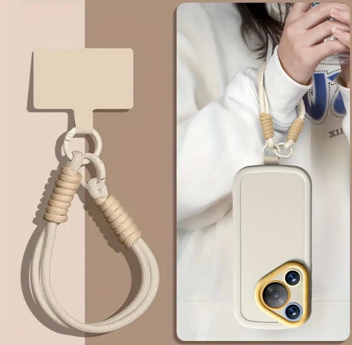 Telefoonkoord om pols, ecru en beige kleur - Telefoonkoord - Armband - Band voor telefoon - Accessoire voor telefoon - Accessoire voor smartphone - Accessoire voor Iphone - Armband voor telefoon - ecru - beige - Phone cord - Gewoon Leuk!