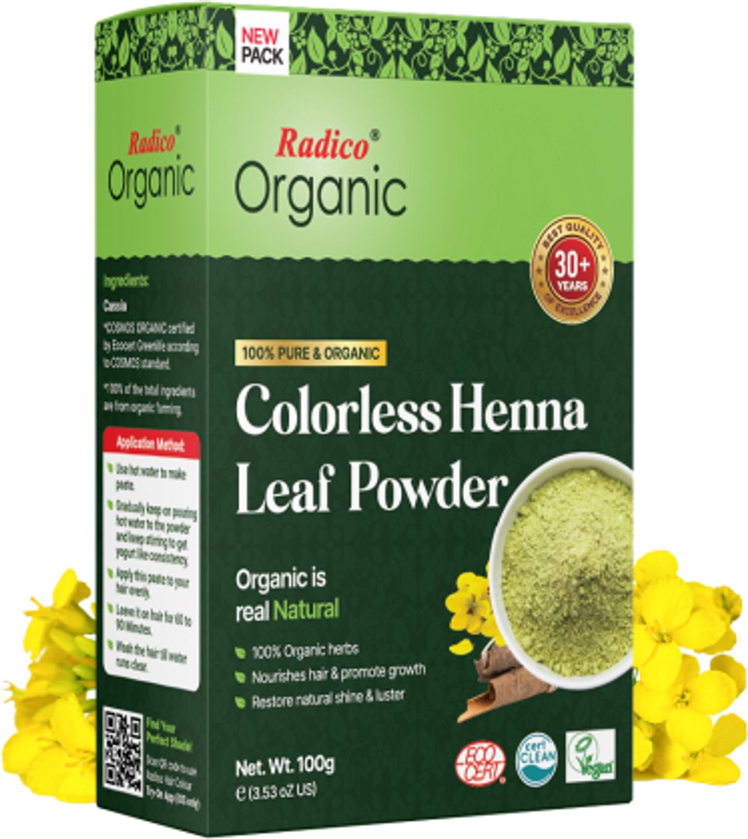 Radico ORGANIC KLEURLOOS / KLEURLOZE / COLORLESS / NEUTRAL HENNA 100% Natuurlijke BIO BOOST, HAARGROEI, Anti-Haaruitval, GLANS, VOEDENDE Haarmasker Zonder Ammonia PPD Peroxide Waterstofperoxide etc. met ECOCERT, HALAL, VEGAN 100g