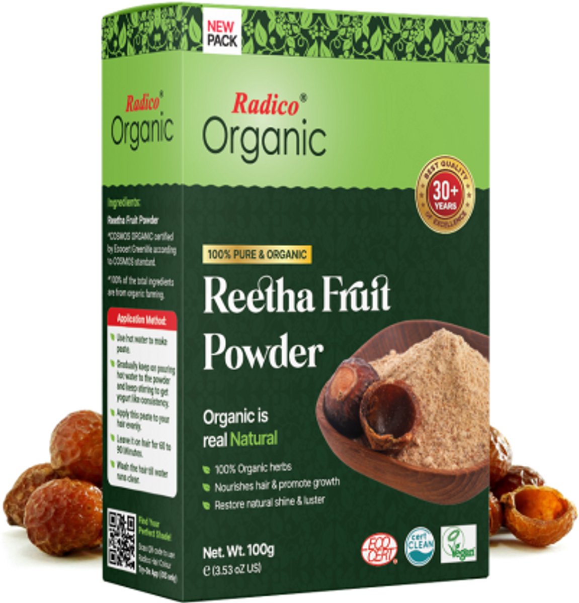 Radico ORGANIC REETHA 100% Natuurlijke BIO Organic Vegan Anti-Roos Haarwas, Hoofdhuidreiniger, Kalmerende, Voedende Poeder Haarmasker, Conditioner en Shampoo 3 in 1 met ECOCERT 100g