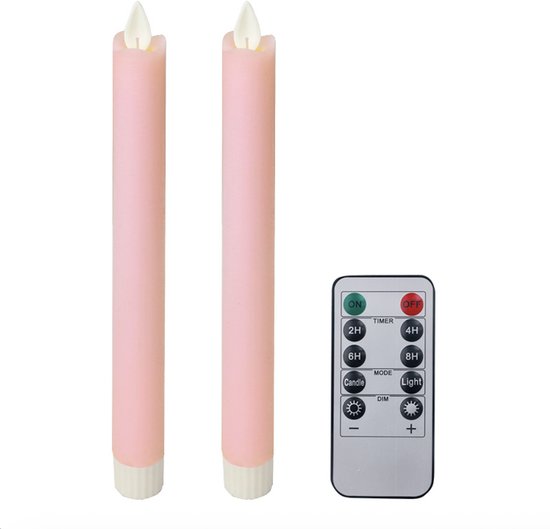LED kaarsen met bewegende vlam 2x - Roze - Pink - Afstandsbediening - Dinerkaars rustiek wax 24.5 cm - LED kaars batterij