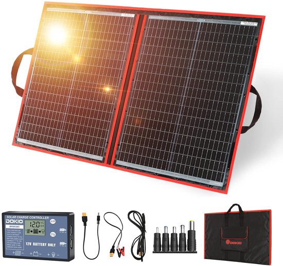 DOKIO 100W 12V Opvouwbaar Zonnepaneel Kit Monokristallijn met Zonnecontroller (2 USB-uitgangen) voor 12V Batterijladen, Caravan, Camper, Boot, Kampeerauto