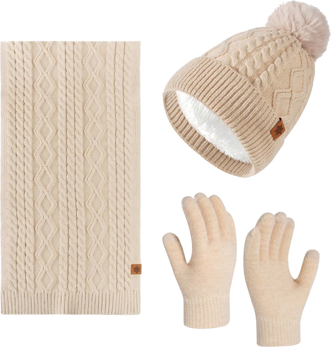 Rainbecom 3-delige Winterset Dames – Gebreide Muts, Lange Dikke Sjaal & Touchscreen Handschoenen – Warme 3-delige Winteraccessoires – Warm & Stijlvol - Khaki