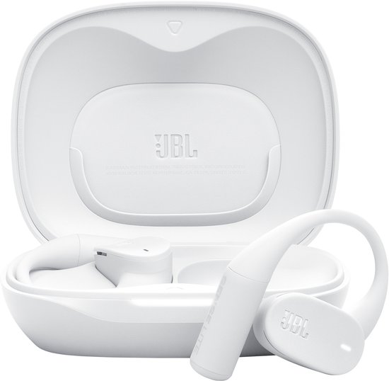 Witte JBL Sense Lite oordopjes in open oplaadcase, met oorhaken en JBL logo.