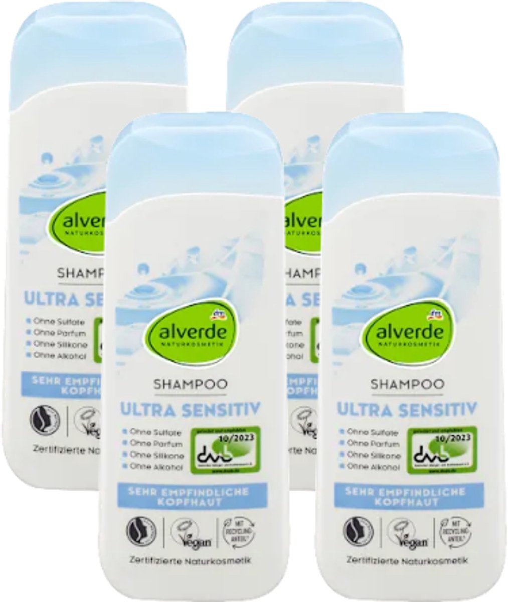 Alverde Naturkosmetik Shampoo Ultra Sensitive | MULTI-VERPAKKING 4x 200 ml - Zonder sulfaten, zonder parfum, zonder alcohol en zonder siliconen