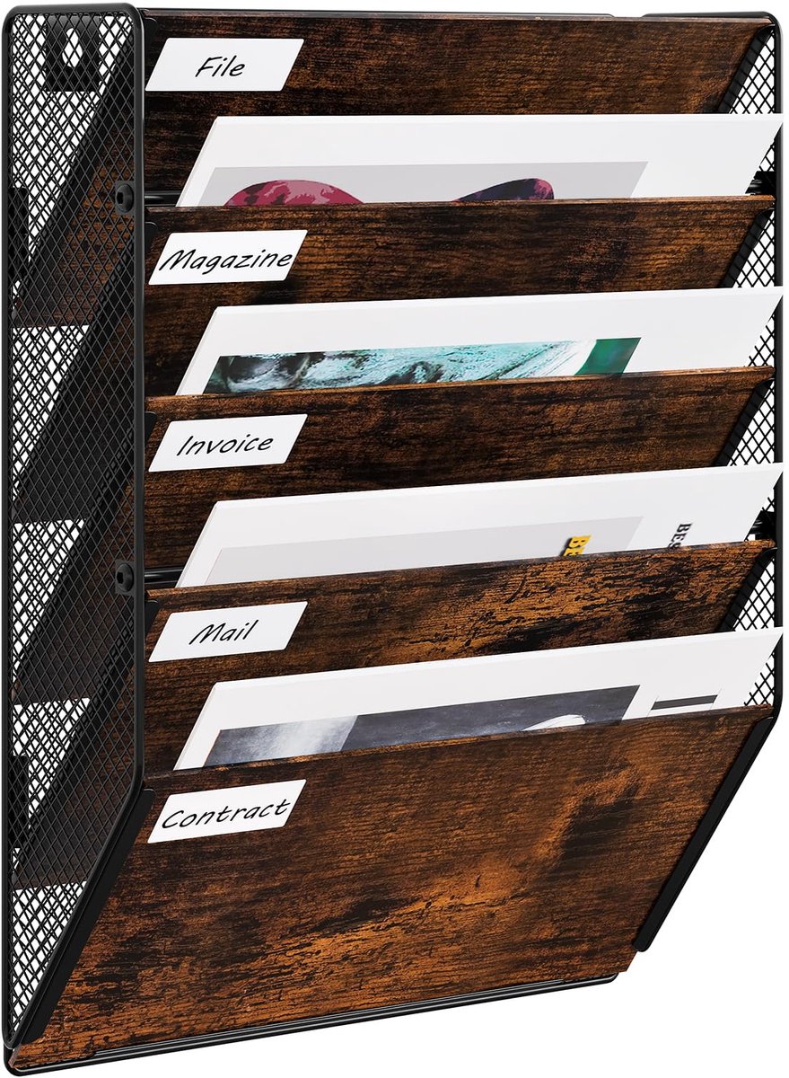 Ibenzoa® Metalen en Houten Wandorganizer met Vijf Vakken voor Documenten en Tijdschriften