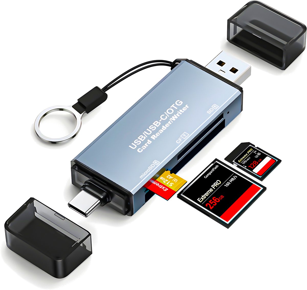 SD Kaart Lezer - 6-in-1 Aluminium Kaartlezer & Writer – USB & USB-C – SD, microSD, OTG – Cardreader voor Laptop, MacBook, Tablet & Smartphone
