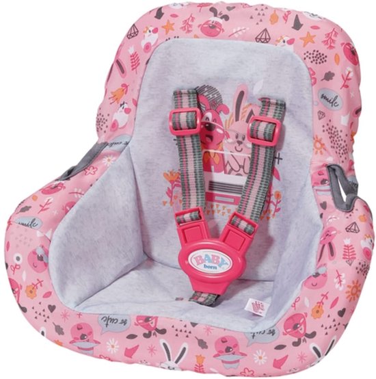 Roze autostoel met schattige dierenprint, 5-punts gordel met BABY born logo.