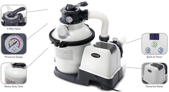 Diagram van Intex zandfilterpomp met labels voor 6-wegklep, drukmeter, tank en motor.