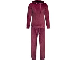 Dames Velours Fluweel Huispak Met Capuchon - Loungeset - Joggingpak - Trainingspak - Loungewear Dames - Bordeaux Rood - Maat L - 2602