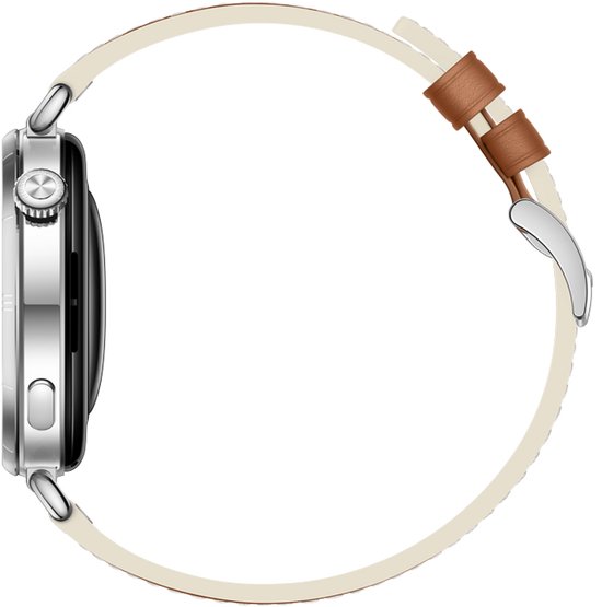 Zijkant van een zilverkleurig horloge met een crème- en bruine band.