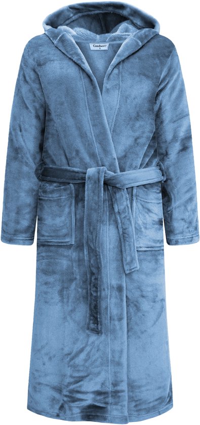 Badjas unisexe Extra long avec capuche et ceinture - Polaire ultra douce - Homme Femme - Gris Ocean - Taille L/XL - 8210