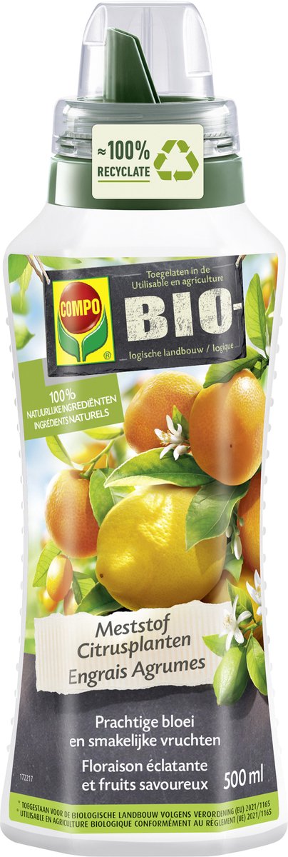 COMPO Bio Vloeibare Meststof Citrusplanten - 100% natuurlijke ingrediënten - bevordert de bloemvorming en het aroma - fles 500 ml