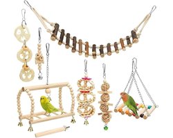 Vogelspeelgoed-Papegaaienspeelgoedset-Set van 8 stuks-Natuurlijk hout -Inclusief schommel,kauwblok, hangmat,zitstok en klimladder-Eenvoudig te installeren en schoon te maken-Huisdierspeelgoed-Verlicht angst en stress,bevordert natuurlijk foerageren
