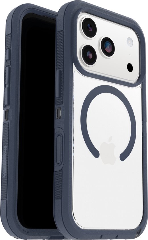Blauw Otterbox Defender Pro hoesje met transparante achterkant en magnetische ring, met iPhone 17 Pro.