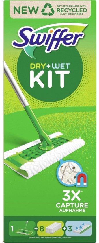 Emballage Swiffer Dry+Wet Kit avec une serpillière verte avec manche et 8 recharges sèches & 3 humides. Capture 3x.