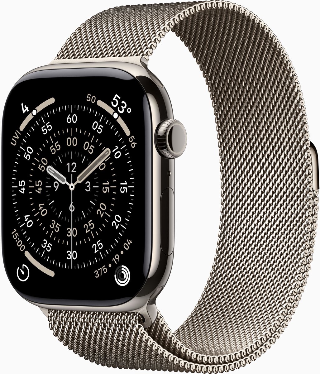 Apple Watch Serie 11 GPS + Mobiel 46 mm– Natuurlijk titanium kast met natuurlijke Milanese band – M/L