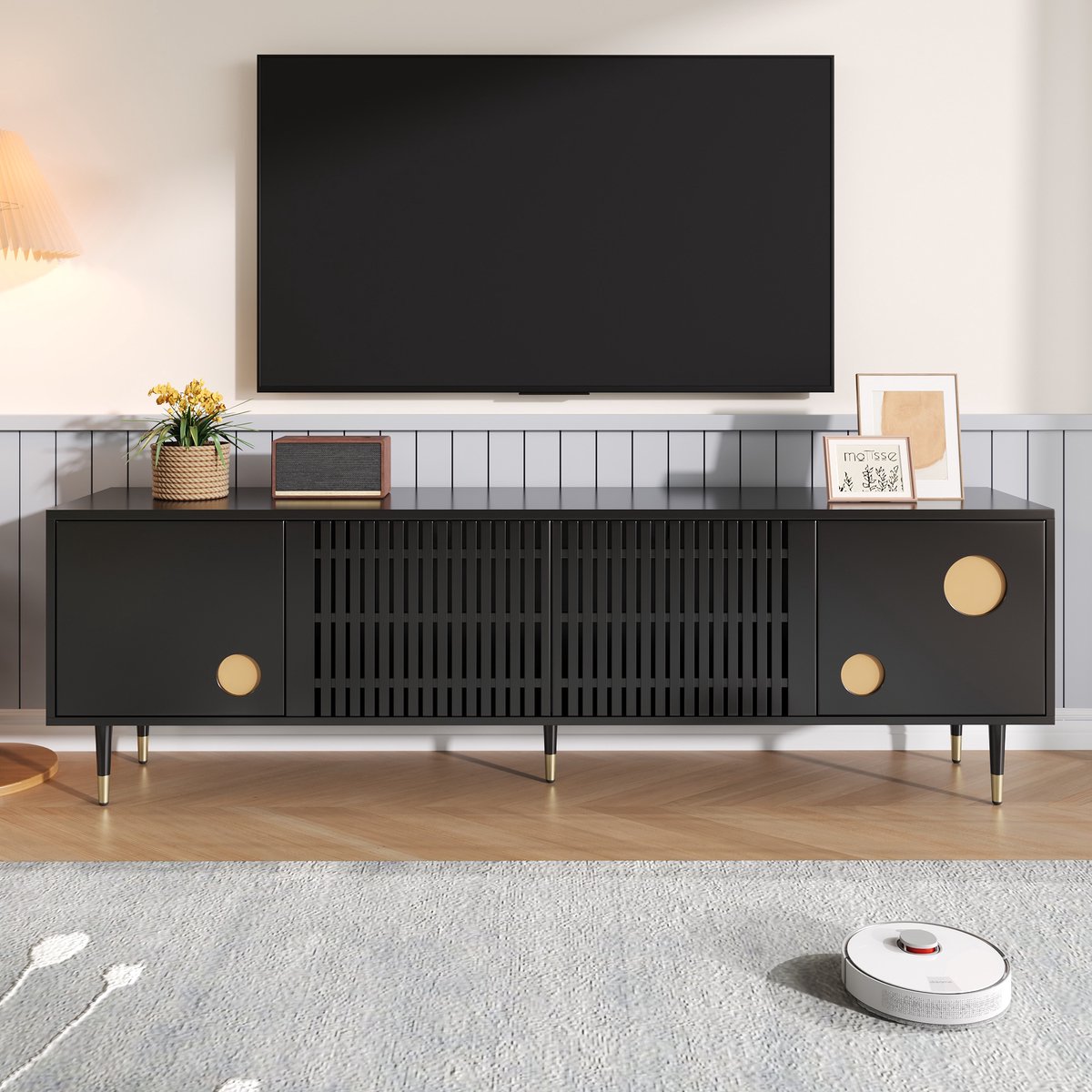 PHOEBE CAT TV kast - Gaasdeuren - Verborgen handgrepen - Gouden afwerking - Zwart