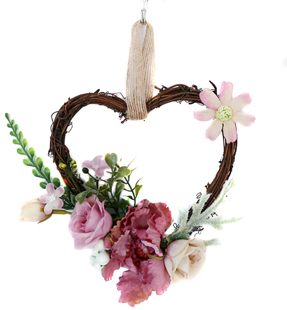 Hartvormige Rattan Bloemenkrans - Kunstbloemen in Paars - Hangdecoratie voor Auto en Huishouden