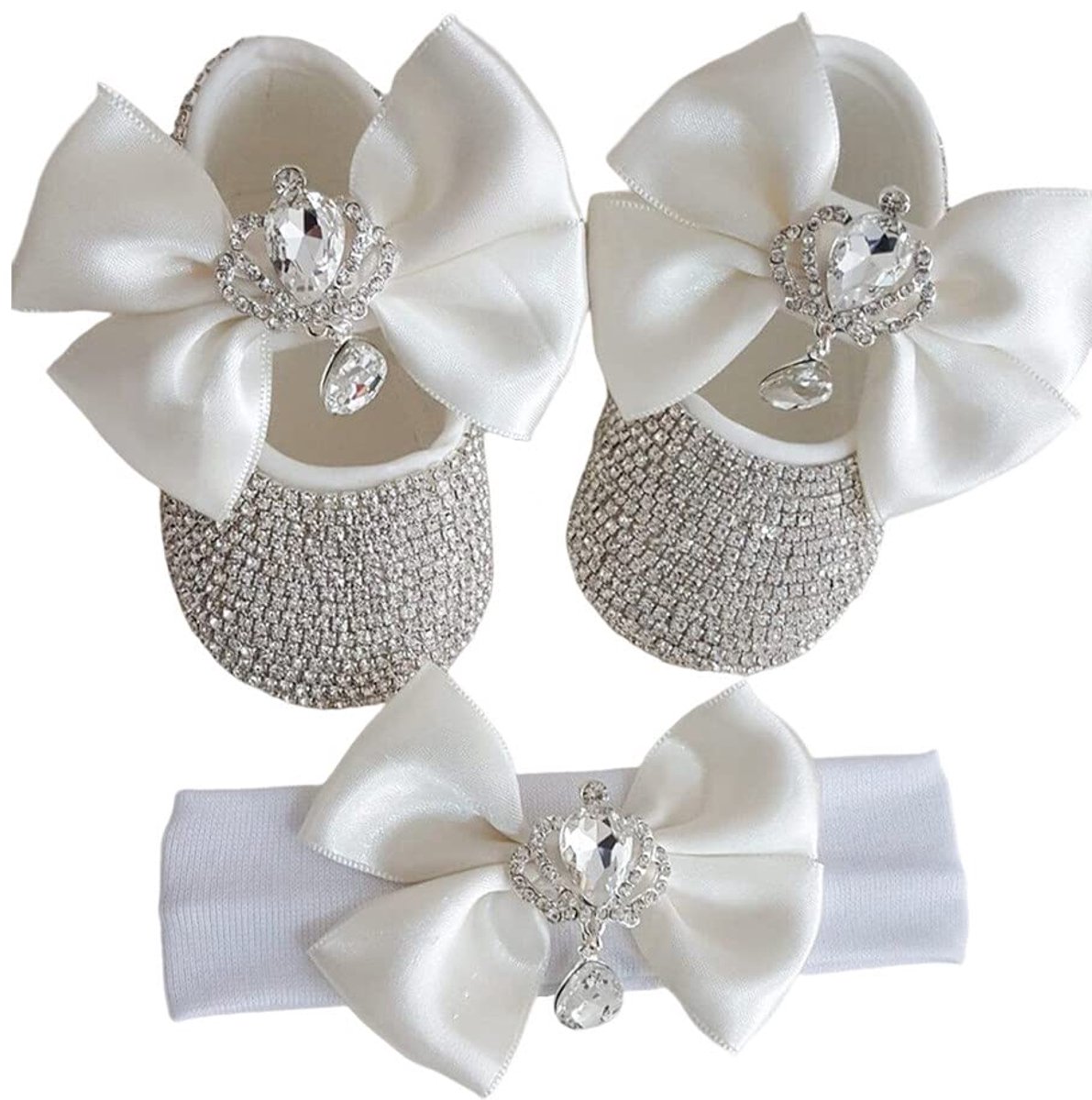 Babymeisjes Schoen Set - Witte Bandjes schoenen en Kristal Kroon - 0-6 maanden - 12 cm
