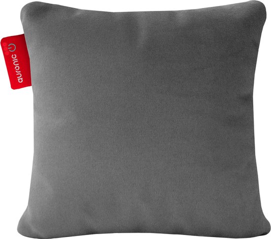 Een effen grijs, zacht, vierkant warmtekussen met een rood Auronic-label.