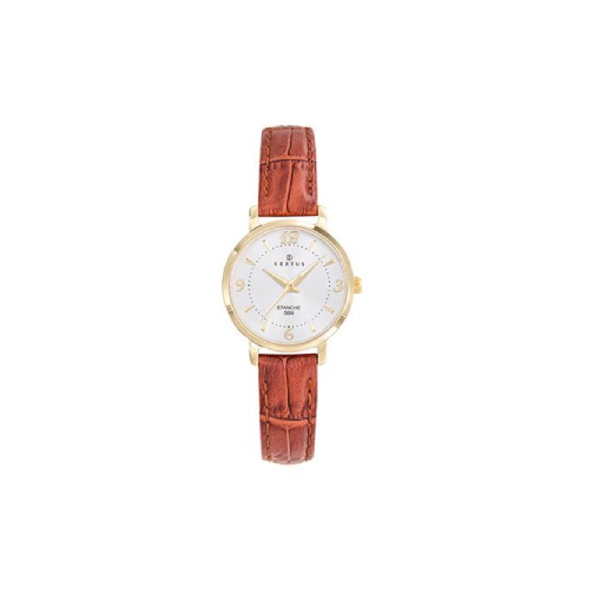 Certus-dameshorloge-model-646611-goudkleurig-hoog draagcomfort-cognac kleurig leder-5 atm waterdicht-diameter 27mm-made in France