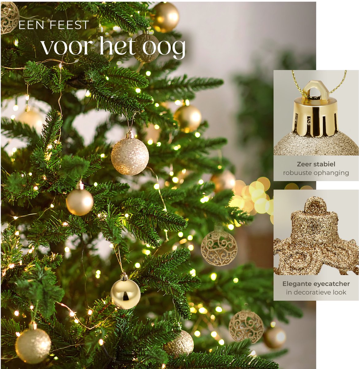 tectake® Set van 100 Kerstballen - Mat, Glanzend en Glinsterend Oppervlak - Kerstballen van Robuust Plastic - Kerstversiering met Opbergbox - Kerstboomversiering in Verschillende Maten - Goud – foto 4