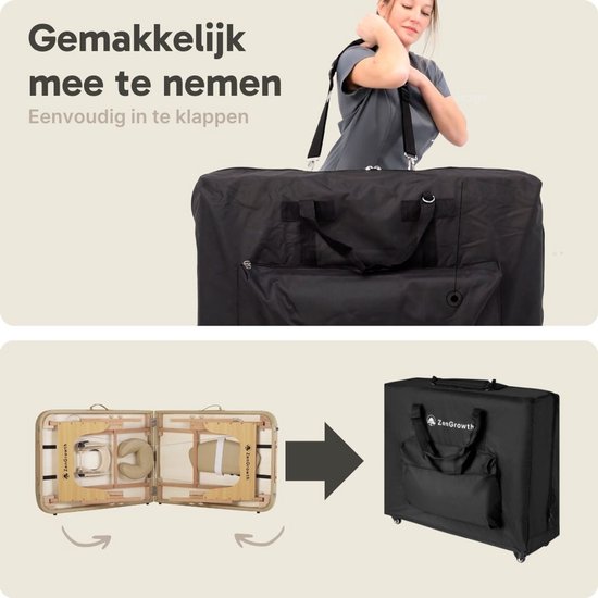 ZenGrowth® Gavia Massagetafel Beige – Traagschuim matras - Incl. Draagtas met wielen – 213cm x 70cm – Hoogte verstelbaar 60 tot 89 cm – Behandeltafel