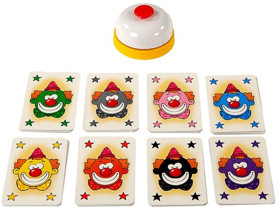 Halli Galli Junior spel met bel en acht clownkaarten.