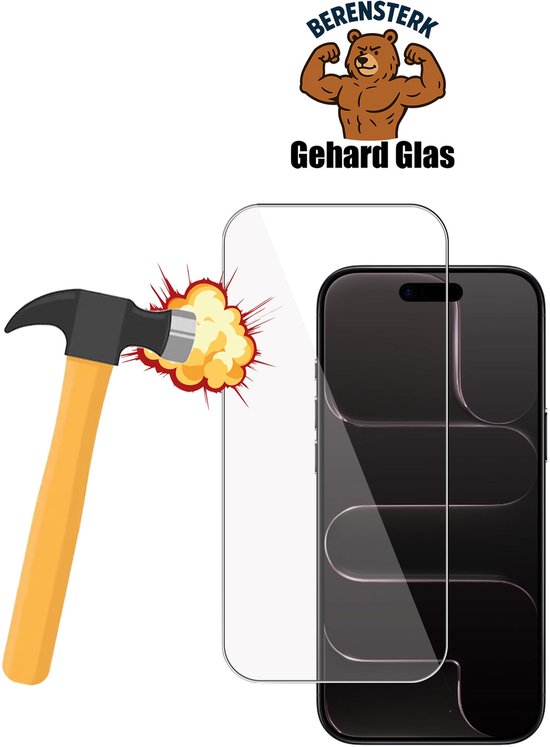 Schermprotector wordt door een hamer geraakt, naast een telefoon met 'Berensterk - Gehard Glas' logo.
