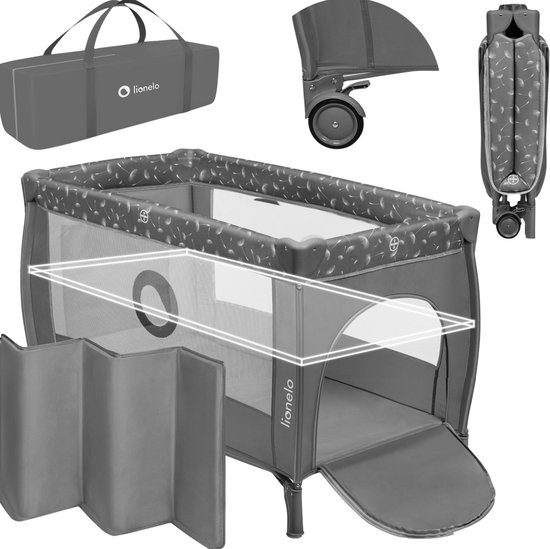 Campingbedje 4 in 1 – Baby Bed / Inklapbare Box / Reisbedje MET Bodemverhoger (Rugvriendelijk Ontwerp) – MET comfort MATRAS – 60x120 cm – 0-36 maanden / tot 15 kg – Zij-ingang – Wielen – Transporttas – Babybed Babybox Ledikant – LIONELO STEFI PLUS