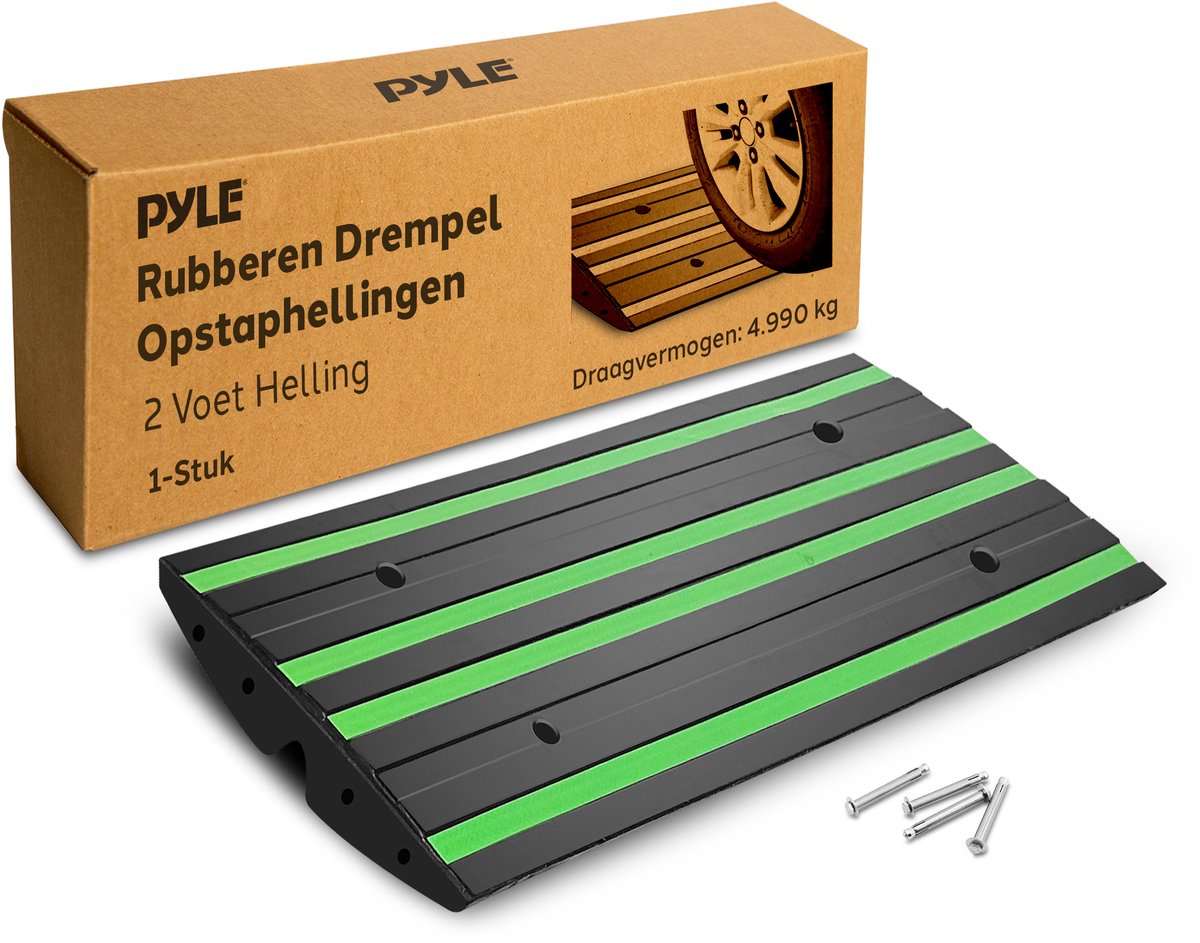 Pyle Oprijplaat Drempel – Rubberen Antislip Opritplaten – Groene Reflecterende Strip – Inclusief Bevestigingsschroeven – Voor Auto’s & Rolstoelen