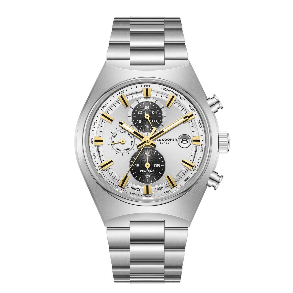 Lee Cooper LC08214.330 - Horloge - Polshorloge - Analoog - Heren - Mannen - Stalen band - Metaal - Rond - Strepen - Cijfers - Datumaanduiding - Dagaanduiding - Dual time - 12-24- Chronograaf - Zilverkleurig - Goudkleurig - Wit - Zwart