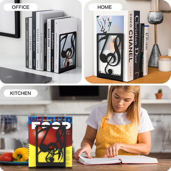 Boekensteunen met muzieknoten worden in diverse interieurs gebruikt, waaronder een kantoor, thuis en een keuken.