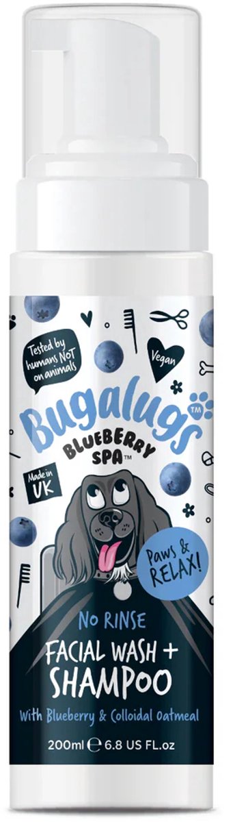 Bugalugs Blueberry Spa No-Rinse Facial Wash & Shampoo voor Honden – Zachte Gezichtsreiniger zonder Water – 200ml