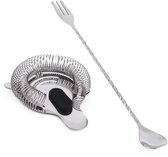 Cocora Cocktail Accessoire Set - Cocktailzeef - Barlepel met Vork - Strainer - Cocktail Zeef - Bar Lepel - RVS - Zilver