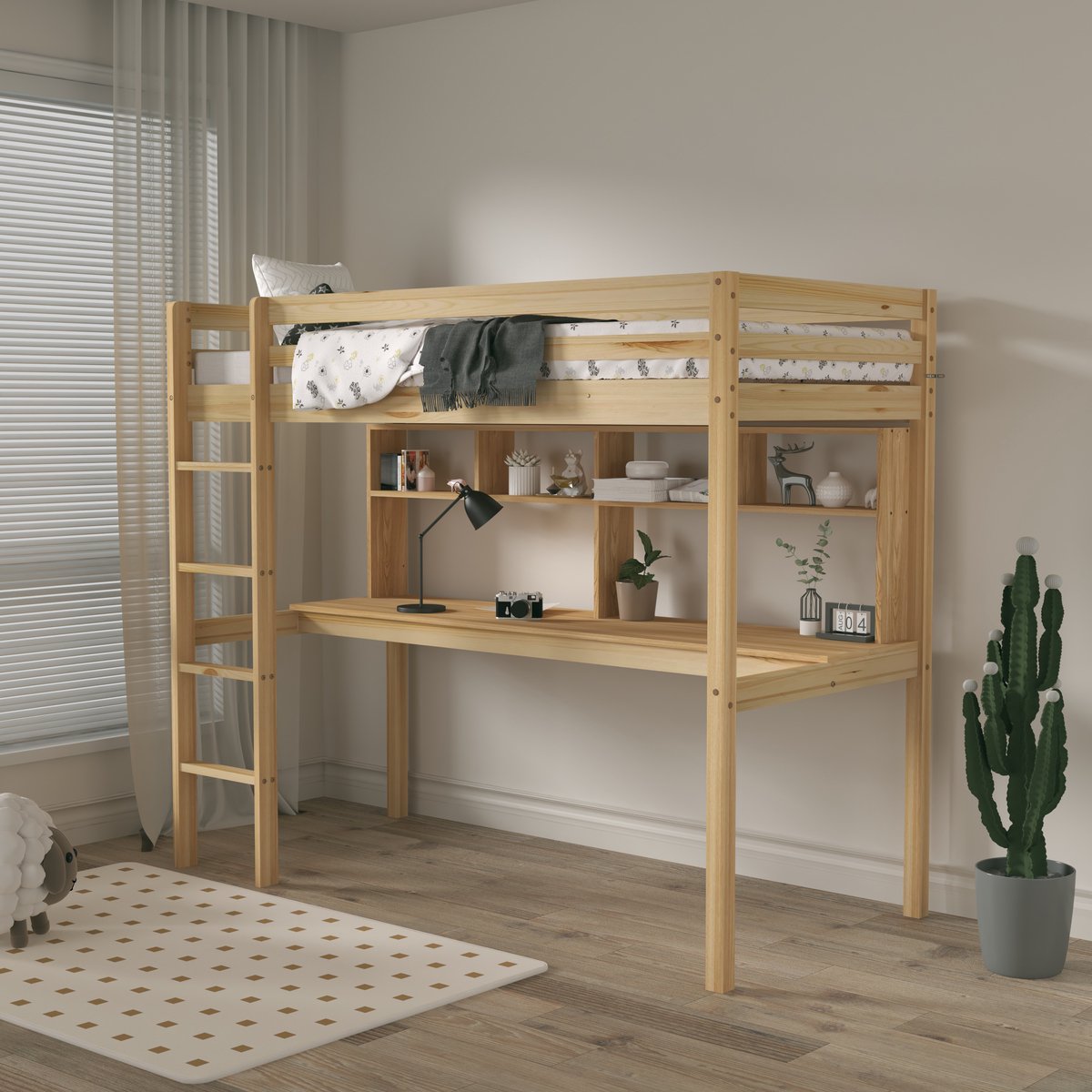 Sunny Sil Hoogslaper – Kinderbed Met Bureau – Met Boekenplank – Met Uitvalbeveiliging en rechte ladder - 208 x 97 x 172 cm – Peuterbed Meisjes en Jongens – FSC 100% Hout – Met Lattenbodem - Exclusief Matras – Naturel