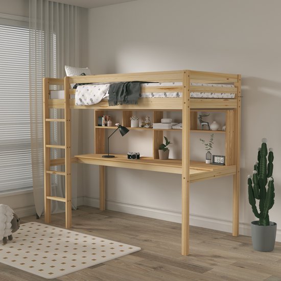 Sunny Sil Lit mezzanine – Avec bureau – Avec étagère – Avec protection anti-chute et échelle droite – 208 x 97 x 172 cm – Lit pour enfants filles et garçons – Bois 100% FSC – Avec sommier à lattes – Matelas non inclus – Naturel
