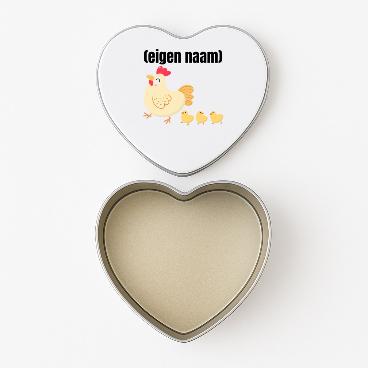 Hacebo® - kip met kuikens met eigen naam koektrommel hart - Kippen - kippen liefhebbers - koekblik – koektrommels – bewaarblik - snoeptrommel - iemand die houdt van kippen - verjaardag - cadeau - kado - koek trommel - 15 x 15 CM