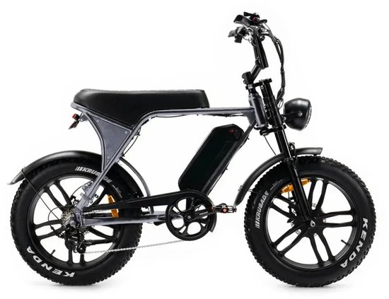 Grijze elektrische fatbike met dikke zwarte banden, zwart zadel en een centrale accu.