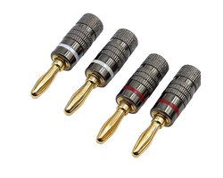 Vergulde banaanstekkers set (4 stuks) – 24K gold plated speakerpluggen – Hifi speakerkabel connectors – Schroefbare banaanpluggen rood/zwart – Audio accessoires voor versterker, receiver & luidsprekers