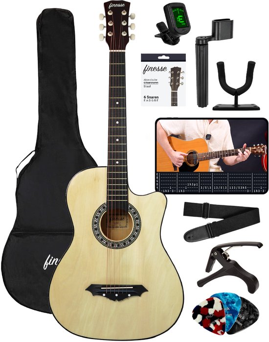 Guitare acoustique Finesse - avec cours vidéo - Guitare Western - Guitare pour enfants et Adultes - Naturel