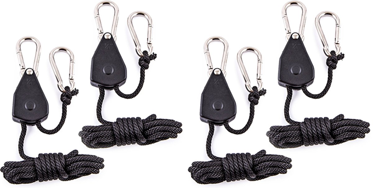 Touwratel - 4 Stuks - Interne tandwielen ratel - PP - Gegalvaniseerd ijzer - Trekhaak met karabijnhaak - Tent Guy Touwen met katrol - Buitenkatrol Versteller - Hanger - Ratchet - Heftoestel - Voor Binnenplanten, Verlichting - 150 Lbs - 2m - Zwart