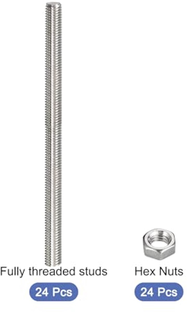 Schroefdraadstang compleet (met 24 zeskantmoeren), schroefdraadschroeven van roestvrij staal [voor montagezekering] - M8 x 200 mm, 1,25 mm schroefdraadspoed / zilver / 24 stuks