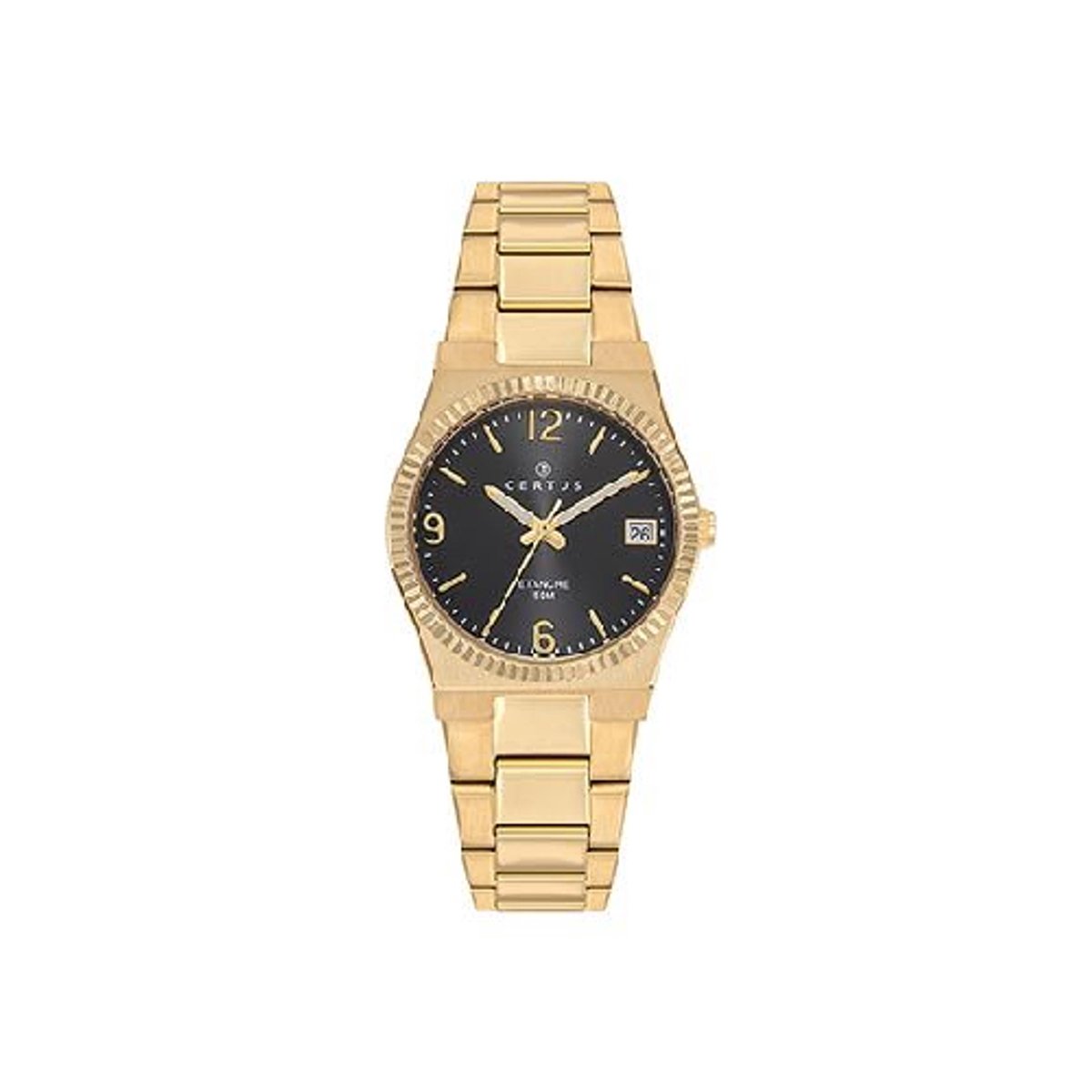 Certus-dameshorloge-model 630618-goudkleurig-datum-zwarte wijzerplaat-5 atm waterdicht-diameter 30 mm