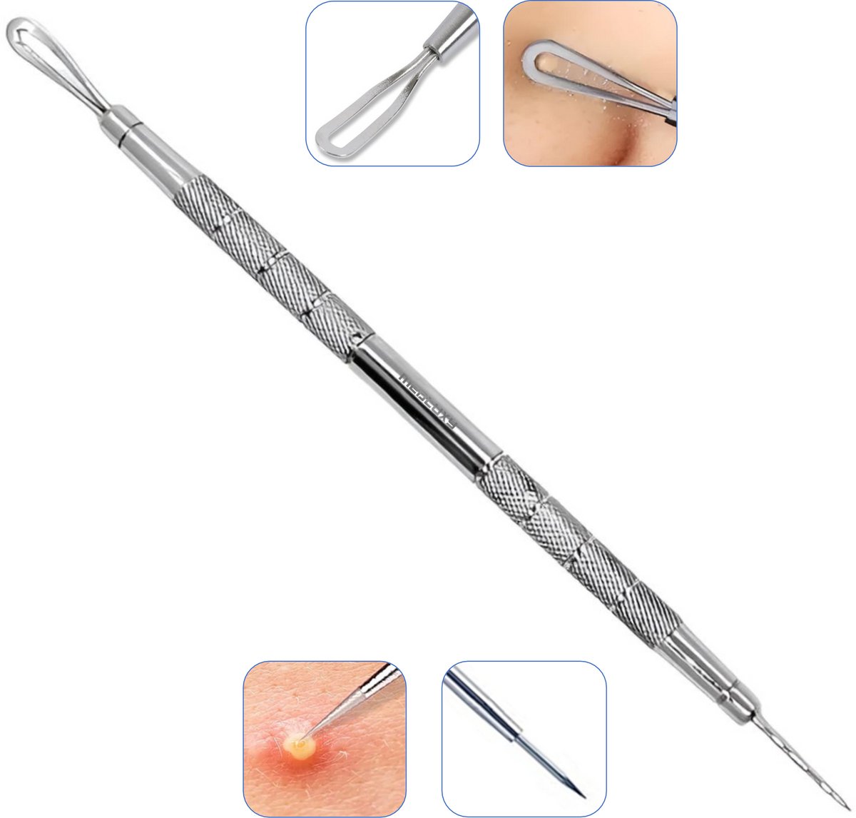 MEDLUXY® - Comedonendrukker en Naald - Dubbelzijdig - Platte Spatel lus & Naald - 14.5 cm [RVS, INOX, voor verwijderen van mee-eters, blackhead remover]